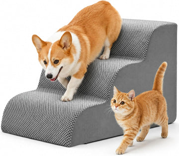 Dog Stairs for Small Dogs and Cats, 3-Step Curved Pet Dog Steps, Grey