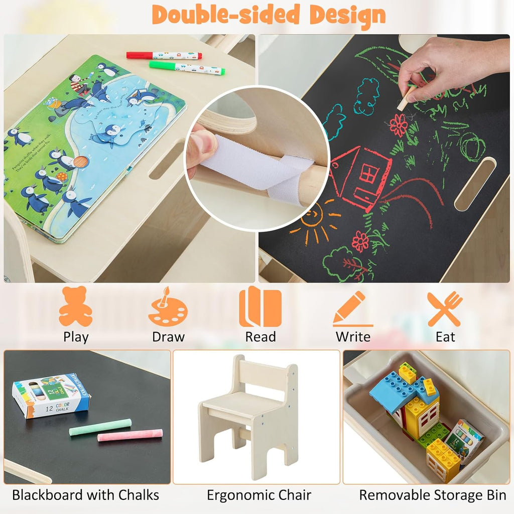 Kids Tent, in-1 Wooden Frame Play House with Table and Chair Set, Blackboard, Side Storage Bag & Soft Floor Mat
