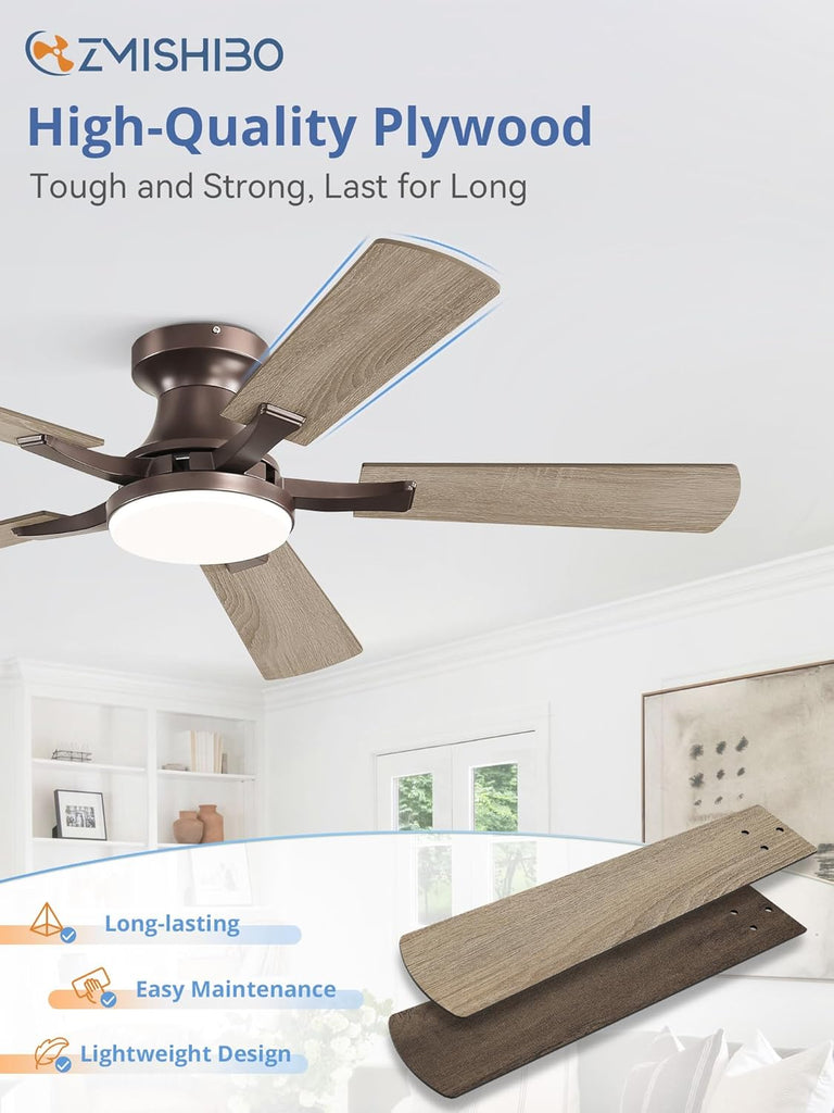 42 Inch Ceiling Fan with Light, App&Remote Control, Flush Mount Low Profile, Dimmable 20W LED Light, Quiet Reversible Motor for Bedroom, Living Room, Apartment, Brown A101-B0F8B5N8ZD