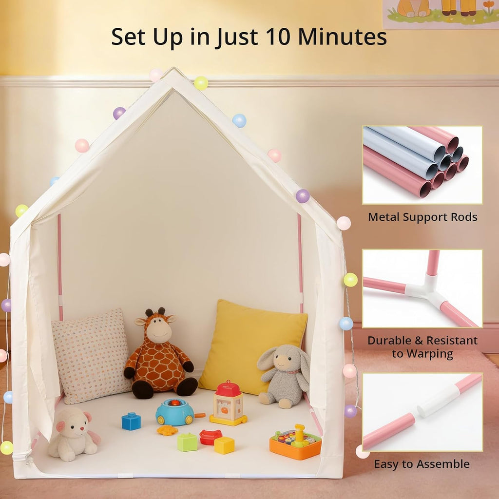 Kids Play Tent with String Lights Indoor, for 1-3 Kids, Beige Stripes