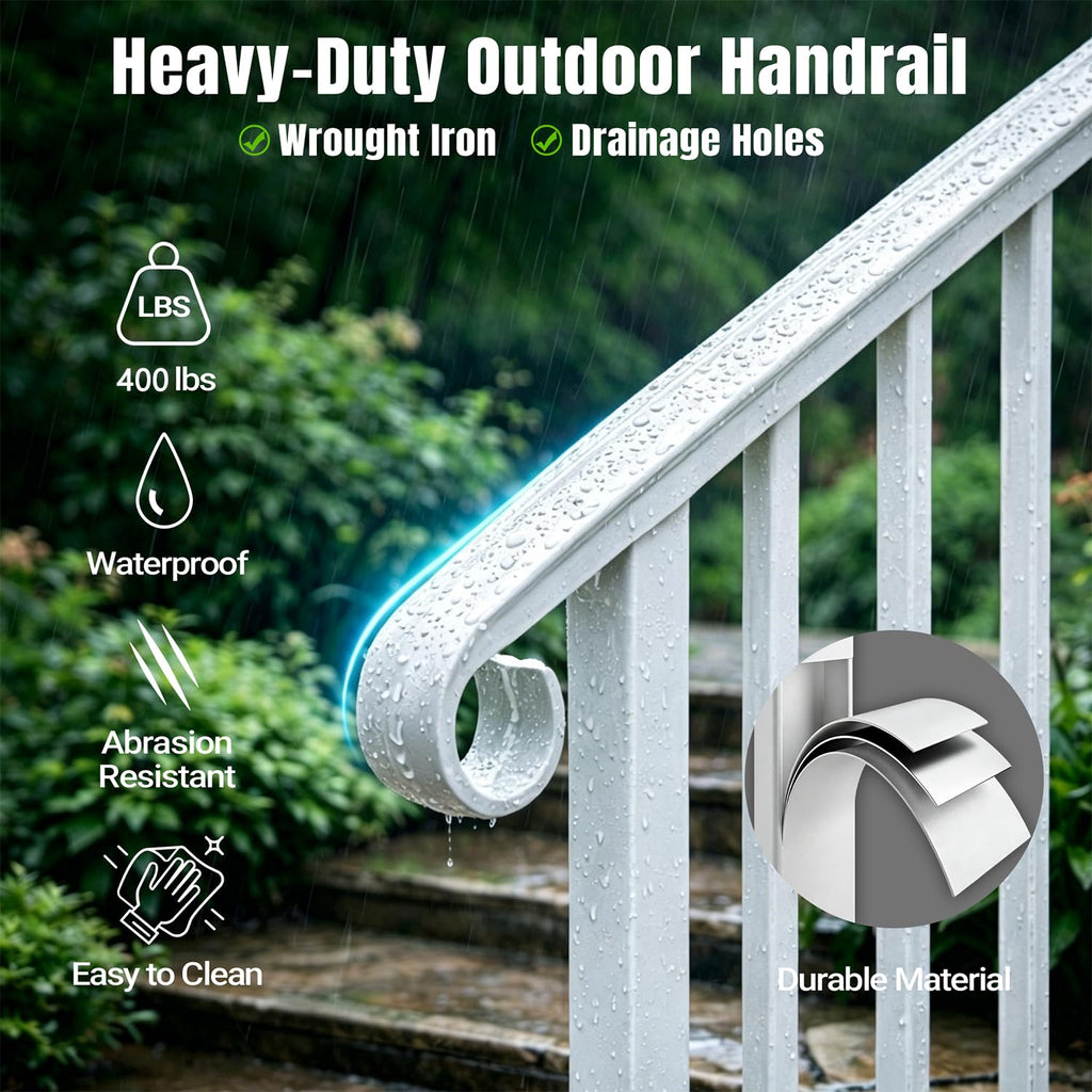 2 Pack 3 Step Handrails for Outdoor Steps, Wrought Iron Stair Railing Fits 2 or 3 Steps, Metal Hand Railing with