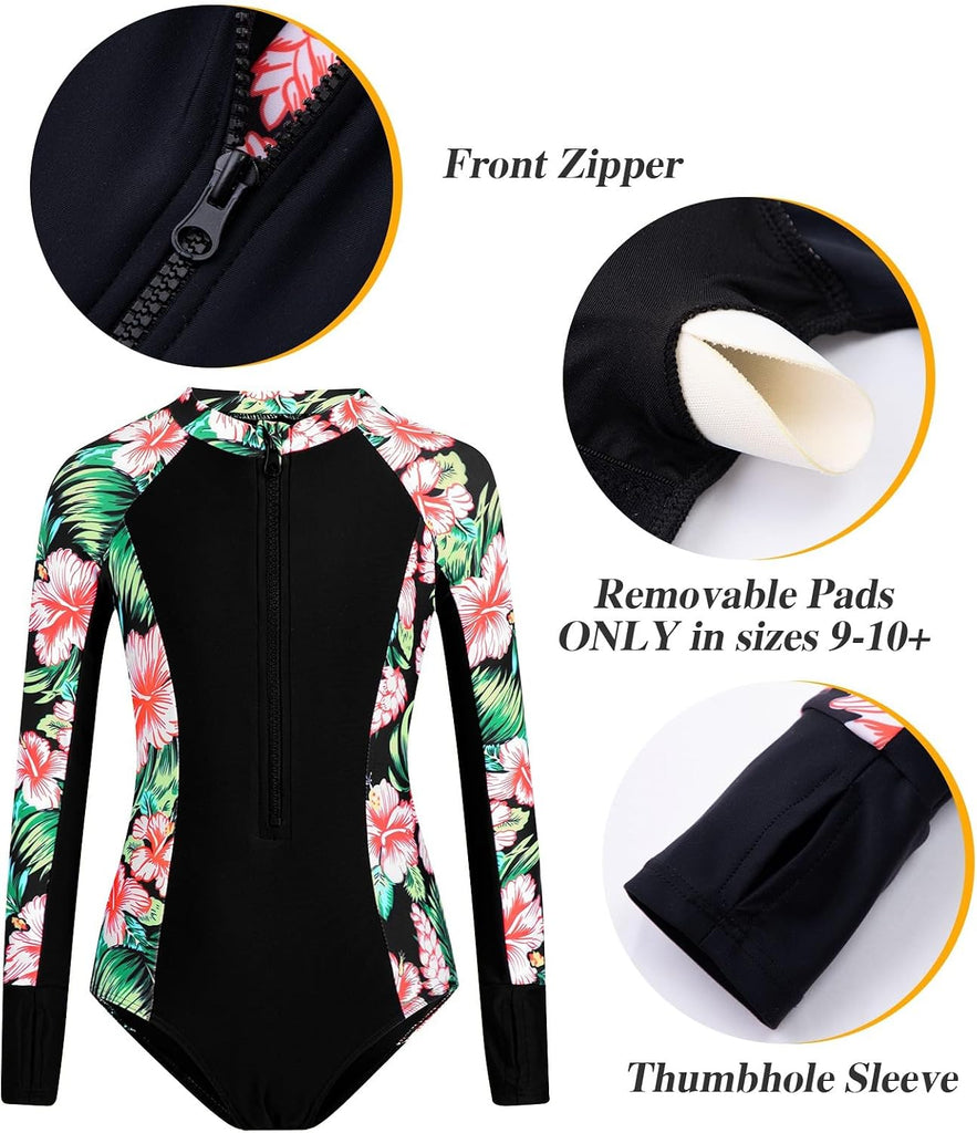 Girls Rash Guard Swimsuit 2 Piece Long Sleeve One Piece Bathing Suits with Swim Shorts Kids UPF 50+ Swimwear Sets