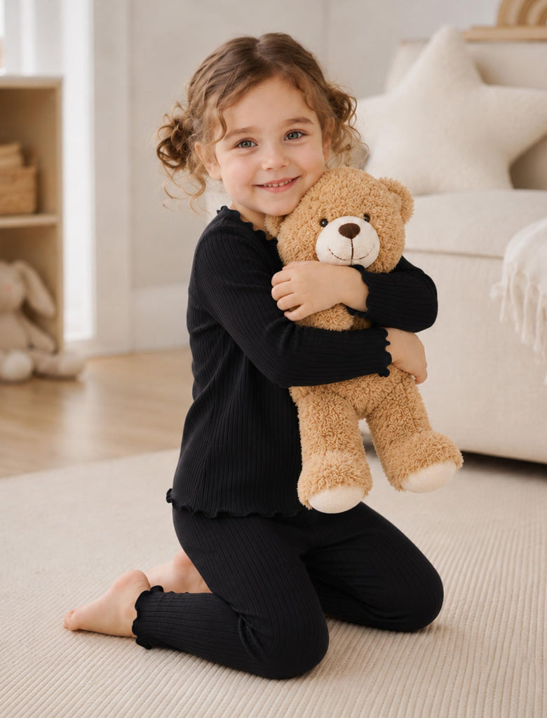 Black Pajamas for Toddler Girls Stretch Ribbed Knit PJ Set