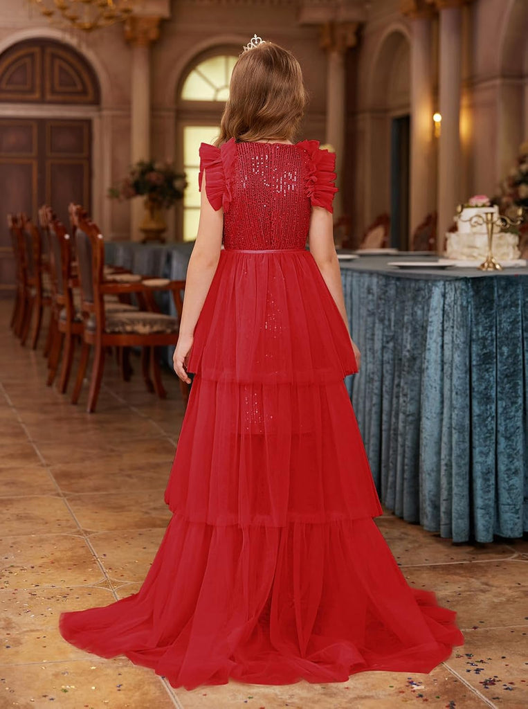 Girls Sequin Formal Pageant Fancy Party Ruffle Prom Maxi Dress