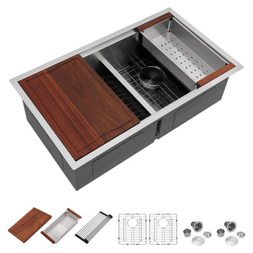 36 Inch Large Double Bowl Low-Divide Kitchen Sink Undermount 16 Gauge Stainless Steel 50/50 Split with Workstation