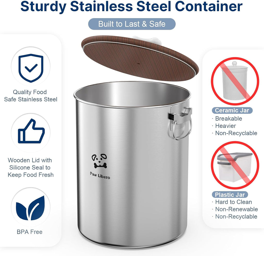 25 Lbs Stainless Steel Dog Food Storage Container with Airtight Wooden Lid & Ceramic Bone Handle, Large Metal Dog