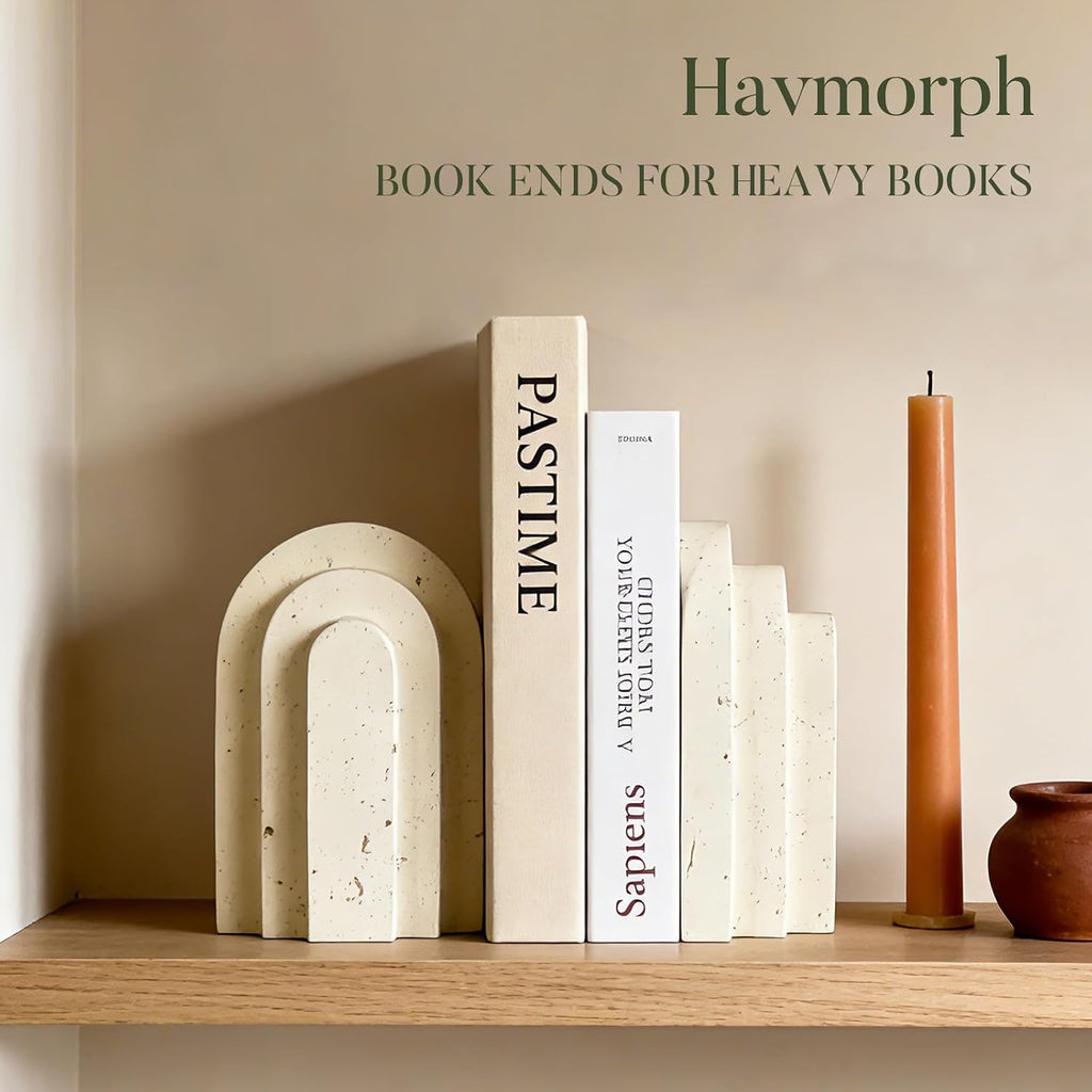 Ends for Heavy Books, Beige Modern Pleasing Layered Arch Design | Aesthetic Bookend Decorative, Concrete Book Ends to