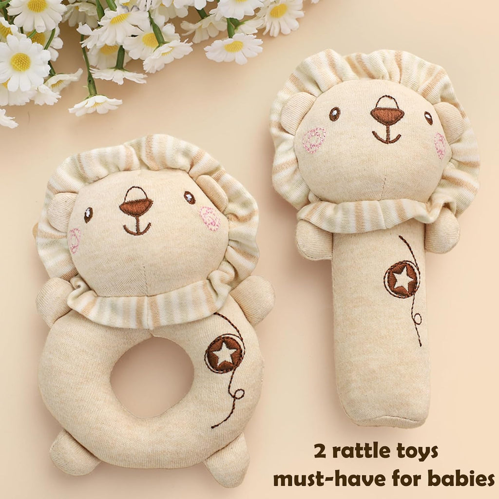 9pcs Newborn Baby Gift Baskets for Boys Girls Baby Shower, 2 Rattle/Seat Hang Toy/Blanket/Bodysuit/Bib/ 3D Socks/Wood