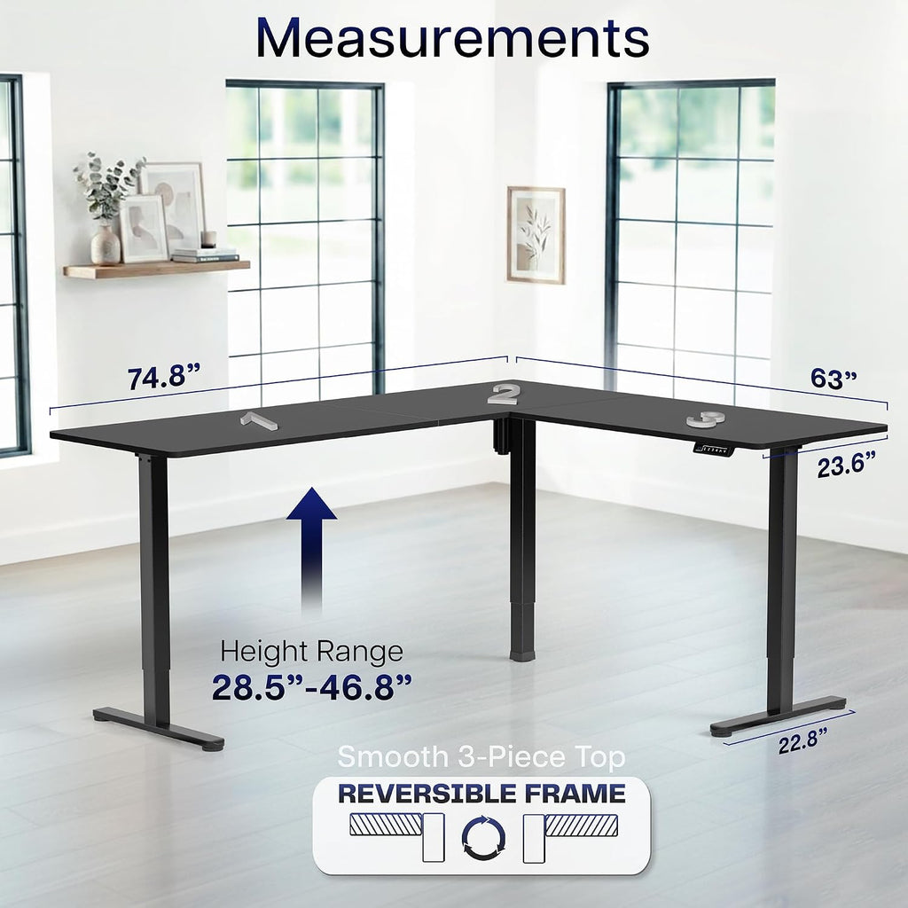 Black 75 x 63 in Corner Standing Desk, DESK-E3CTB-75 | Electric, Holds 225 lbs, Large Reversible L-Shaped Table, Sit