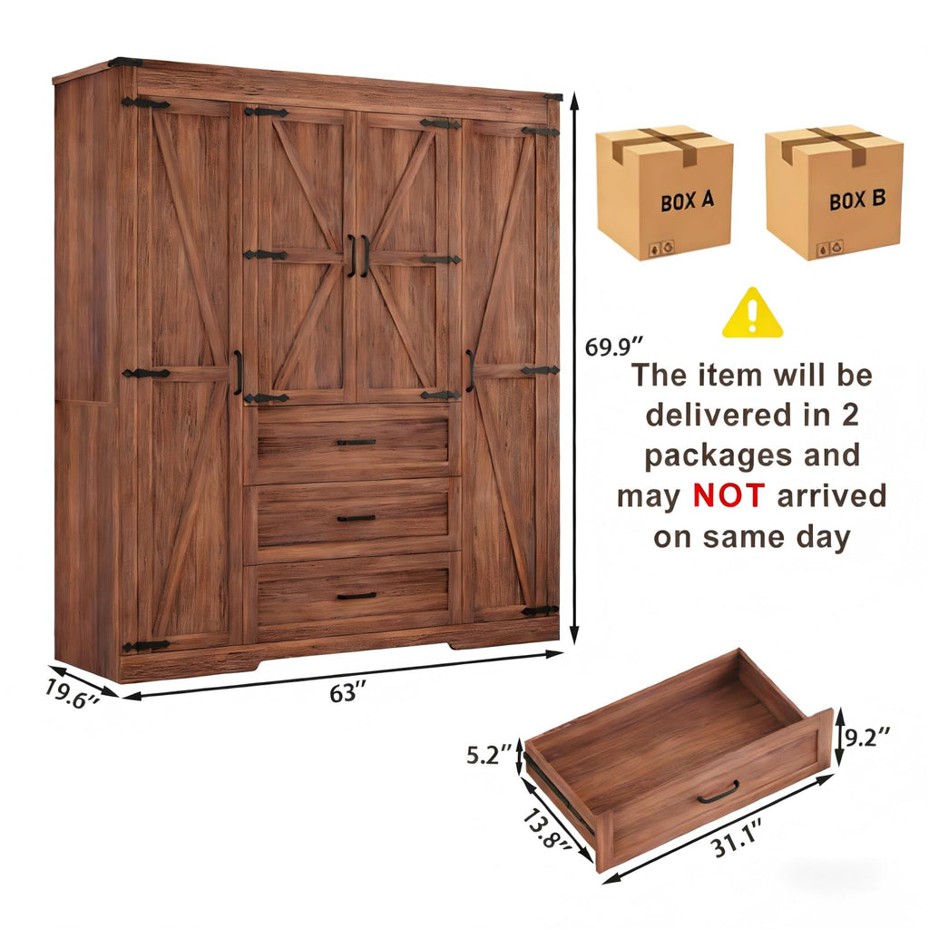 70" Tall Armoire Wardrobe Closet with 4 Doors & 3 Drawers, Farmhouse Bedroom Storage Cabinet with Hanging Rod