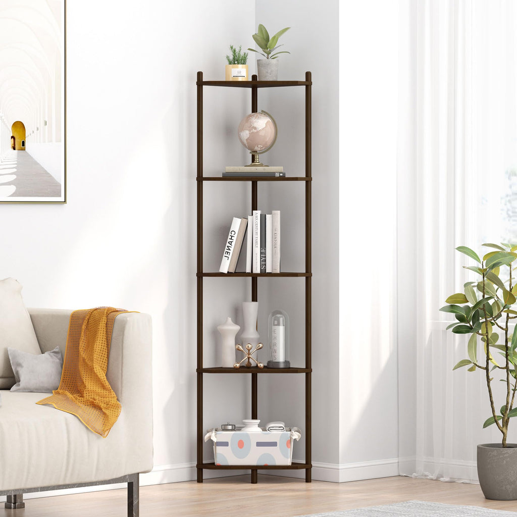 Brown Tall Corner Shelf Stand, 5-Tier Bamboo Corner Bookshelf