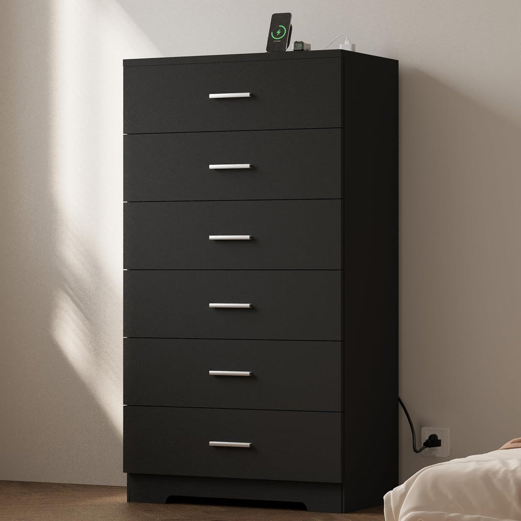 48" Tall Dresser Chest of Drawers with Power Outlets Wood 6 Drawers Dresser with Large Storage Space and Metal