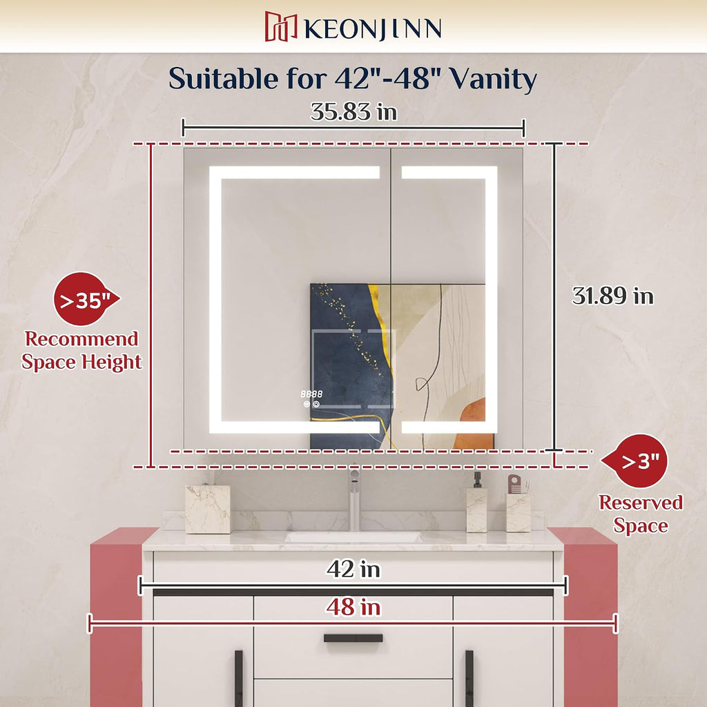 36 x 32 Inch Medicine Cabinet with Lights, LED Medicine Cabinet with Bluetooth Clock and Outlets, 3 Colors Light with