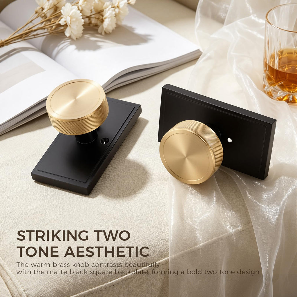 Knurled Matte Black & Brass Square Rosette Privacy Door Knob