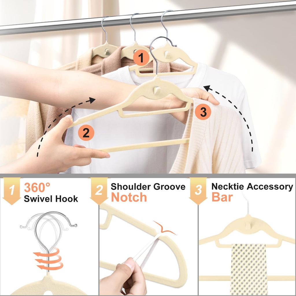Velvet Felt Stackable Hangers 50 Pack, Thin & Space Saving, Ivory