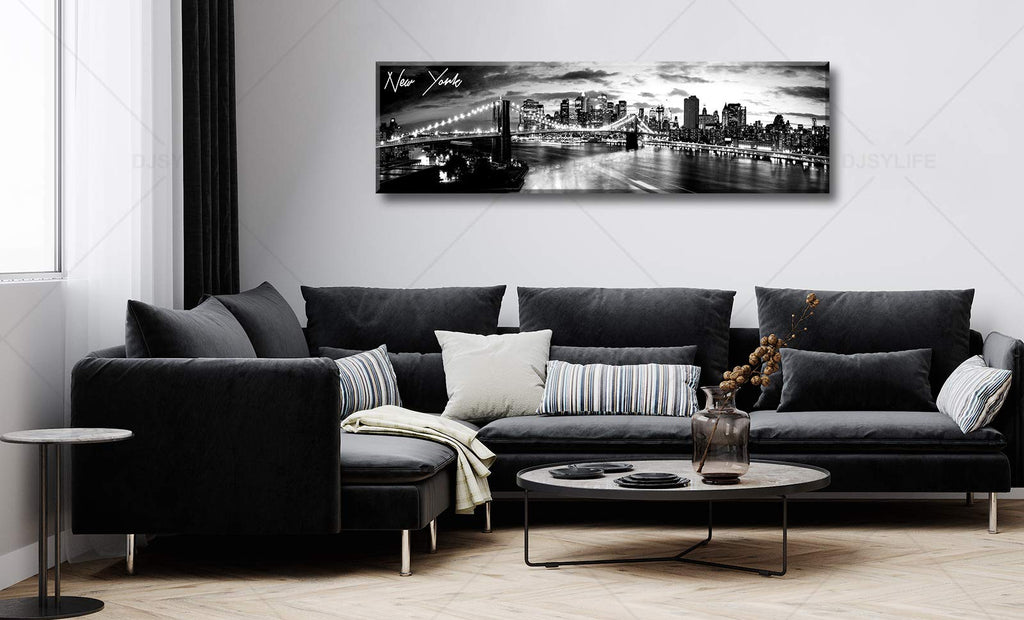 York Skyline Canvas Wall, B&W Brooklyn Bridge Print 13.8×47.3