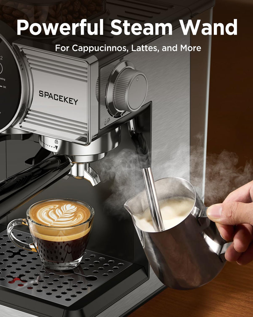 Espresso Machine with Grinder and Frother, 30 Grind Settings, 20 Bar