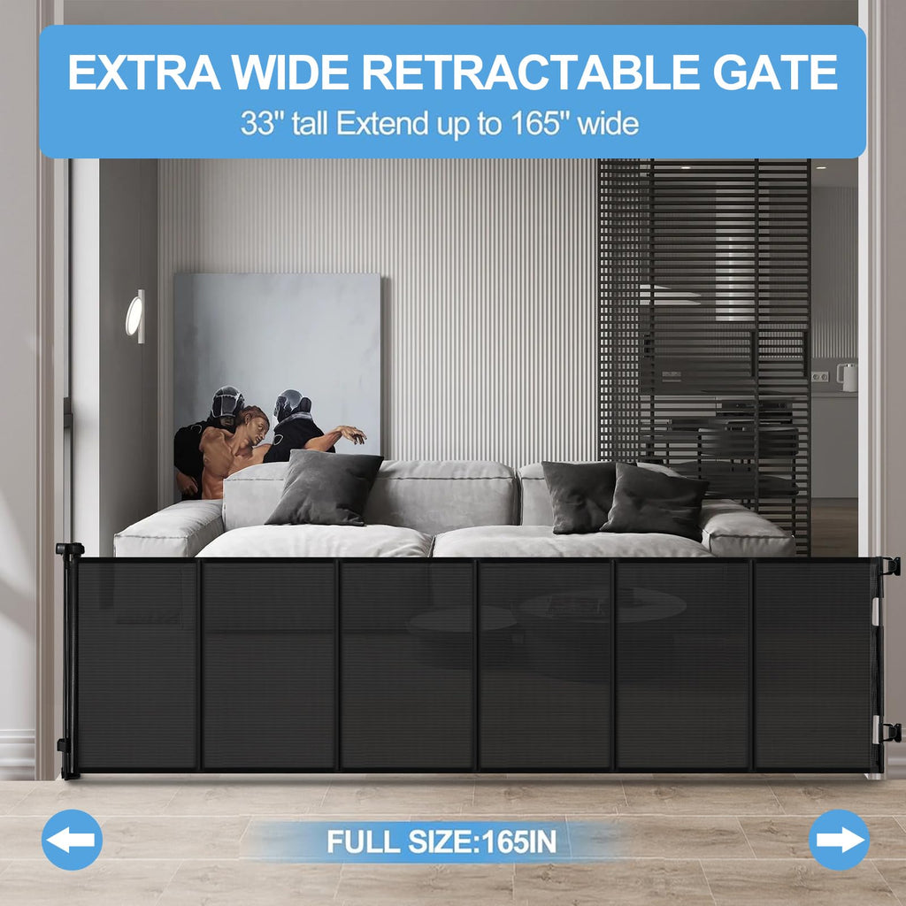 165" Reinforced Retractable Baby Gate, 33" H for Doorways, Black