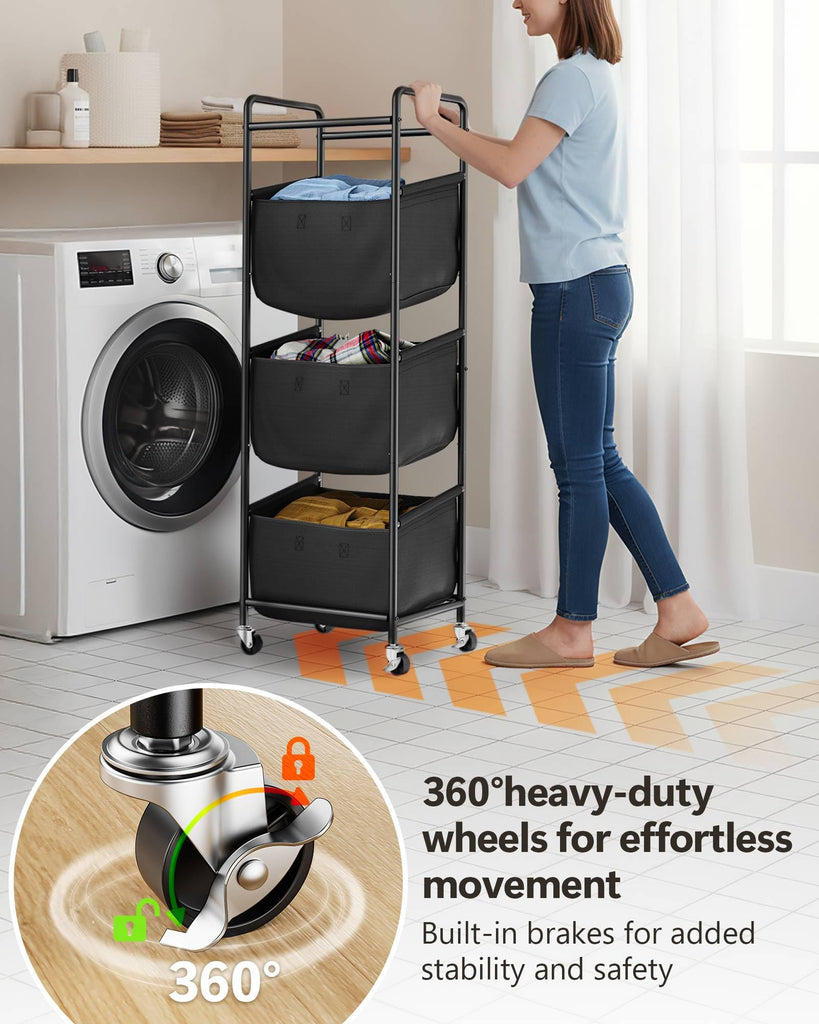 3 Section Laundry Sorter with Removable Bags, 120L Rolling Vertical Laundry Hamper, Stackable Laundry Baskets