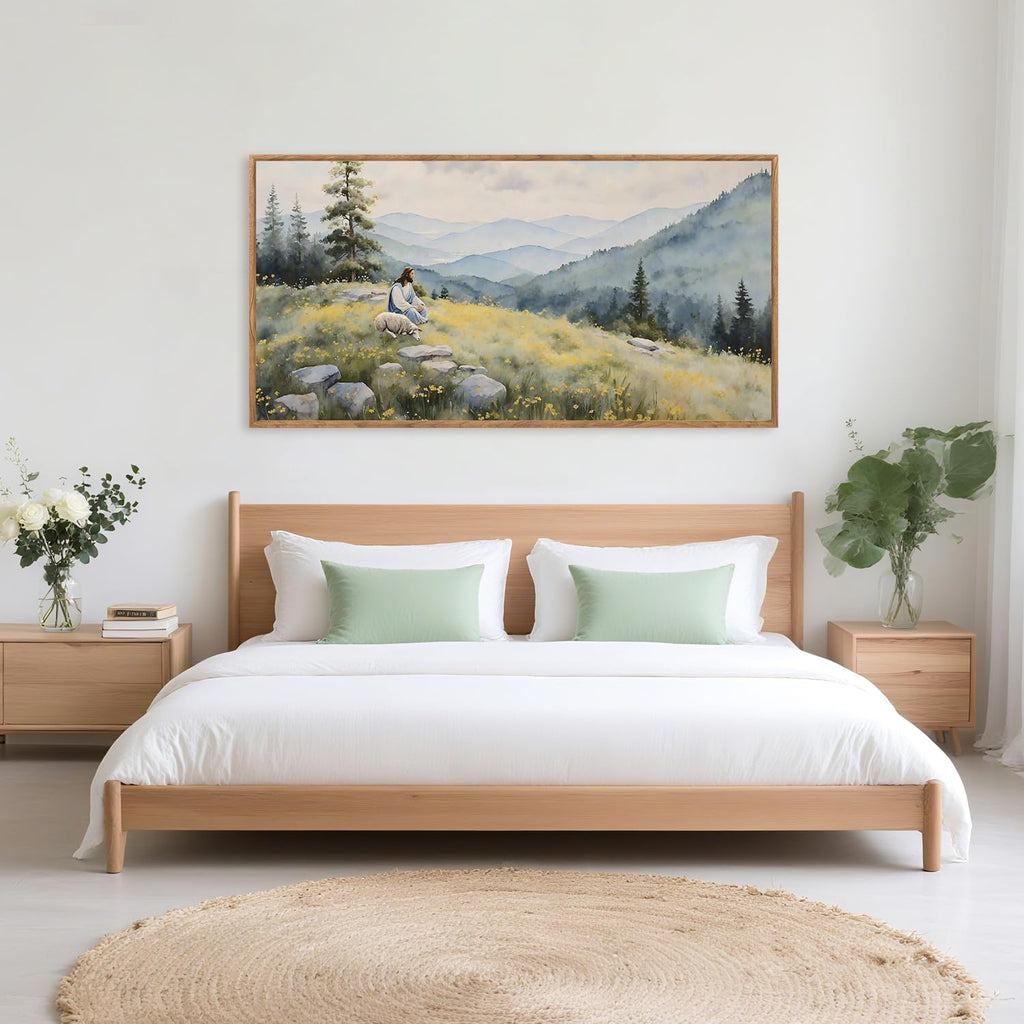 Jesus Lost Sheep Psalm 23 Framed Canvas Wall Art 40x20 Inch