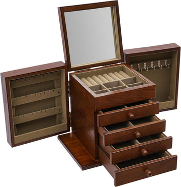 Wooden Jewelry Box for Women,Vintage Style Storage Box with Mirror,5-Tier Wood Organizer,Locking Jewelry Armoire