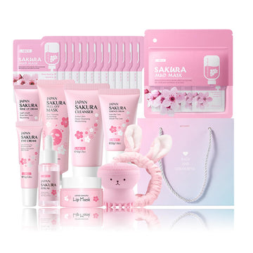 Skin Care Set Sakura Women Beauty Gift Sets Korean Skin Care Kit- Cleanser, Serum, Face Cream, Toner, Eye Cream, Mud