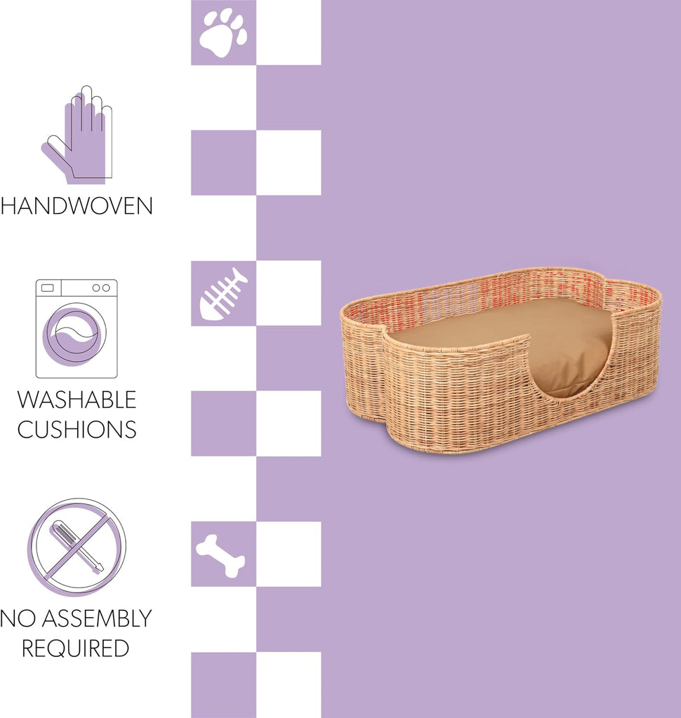 Scallop Handwoven Water Hyacinth Pet Bed with Machine Washable Cushion, 31" x 20" Wicker Cat and Dog Bed