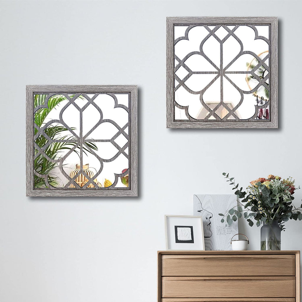 2 PCS Square Wall Mirror, Gorgeous Rustic Farmhouse Accent Mirror, Barn Wood Color Entry Mirror