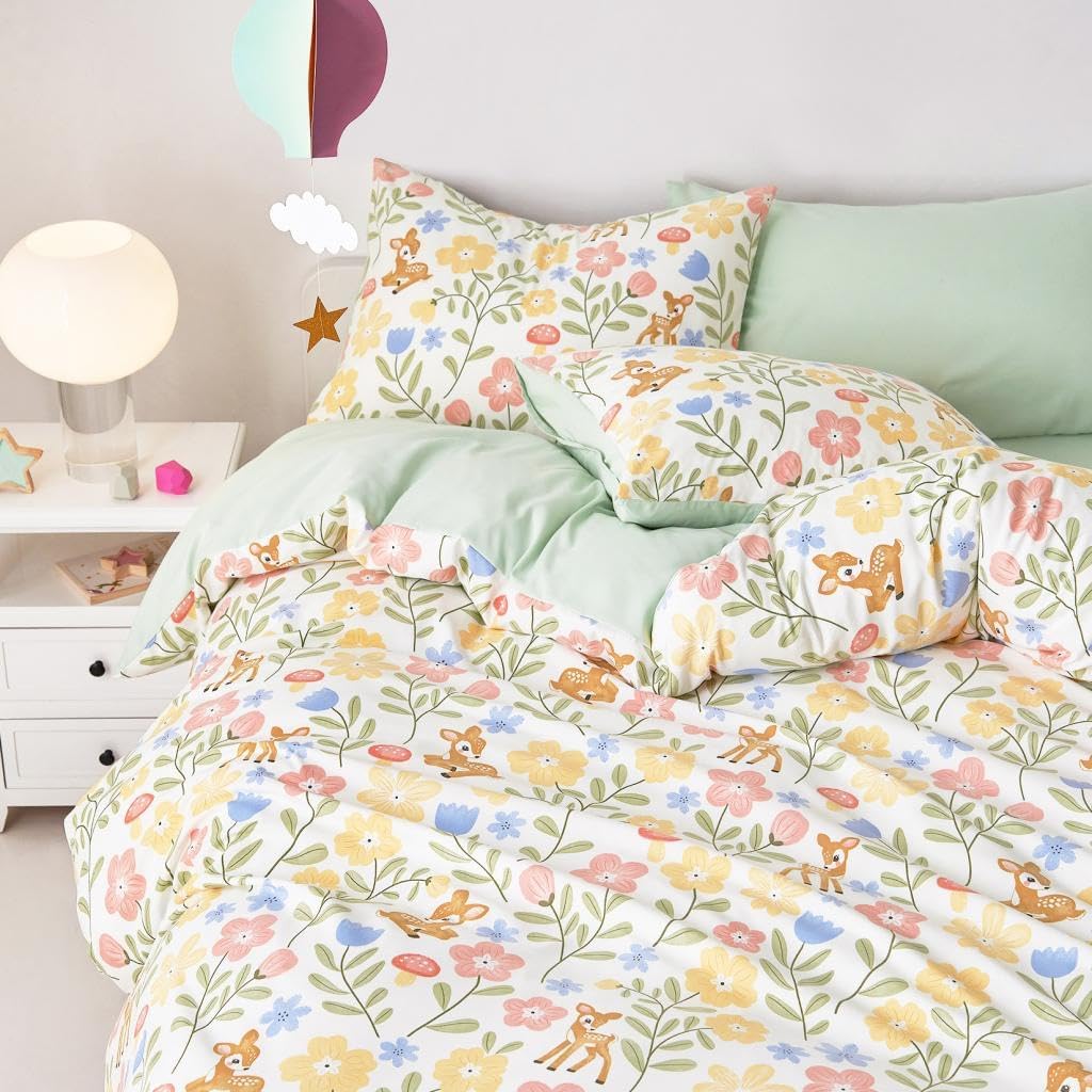 Floral Bedding Set for Girls, Cute Colorful Botanical Flowers Deers Patterned Soft Lightweight Comforter Set with Sheets, 7 Pieces Kids Bed in a Bag, Green Cream, Full Size