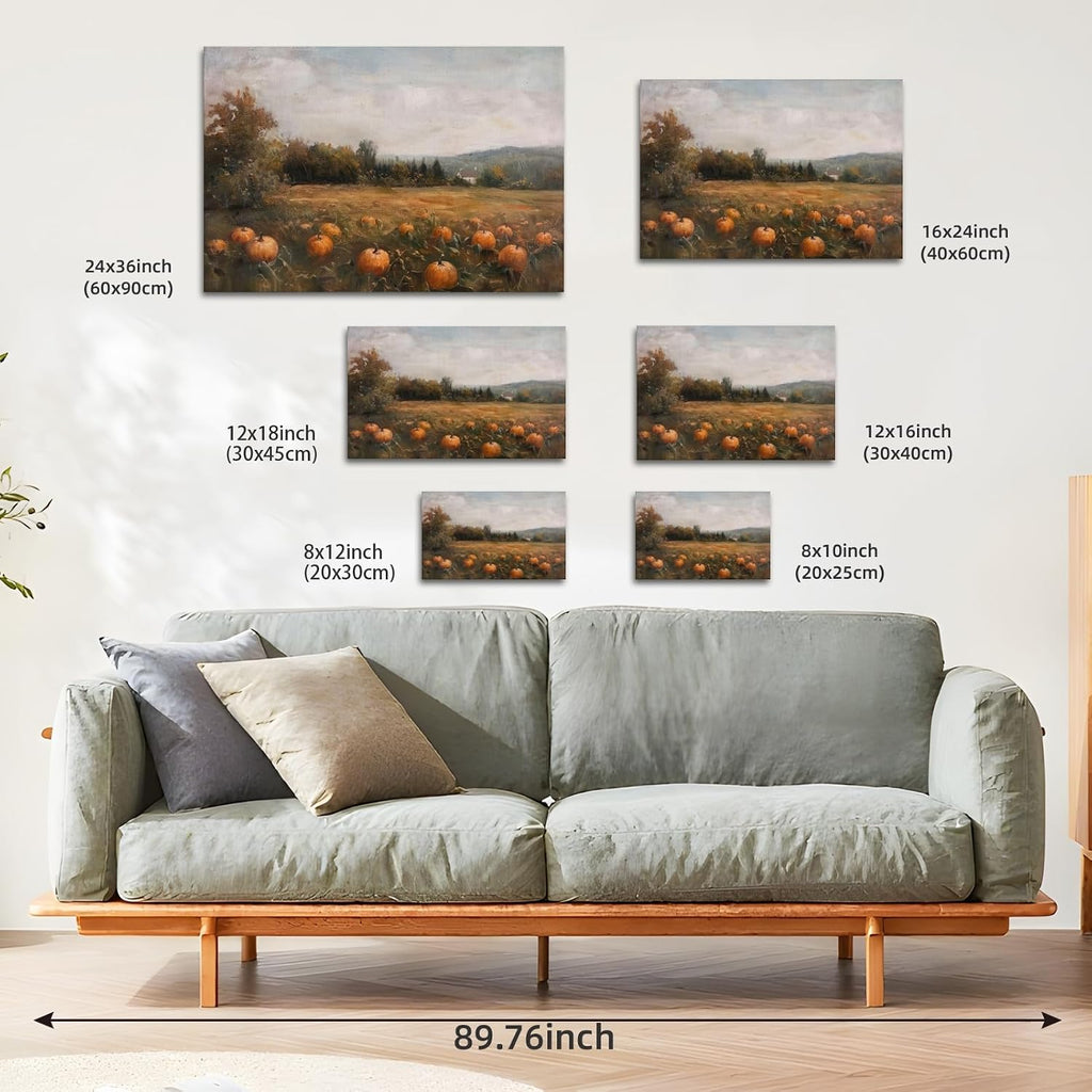Autumn Pumpkin Field Wall Art Rustic Fall Harvest Landscape Poster Vintage Country Farmhouse Oil Painting Wall Decor