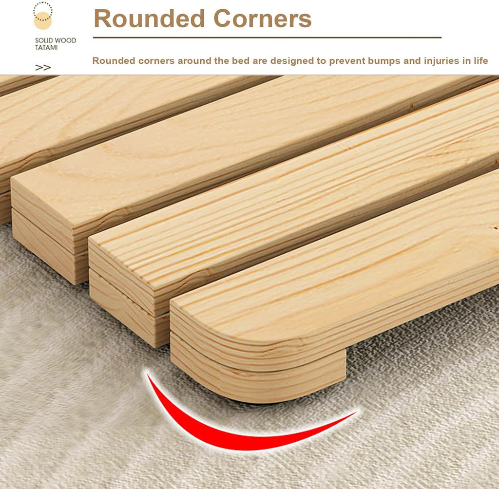 Floor Mattress Natural Solid Wood Bed Frame, Guest Tatami Mat, Wooden Slatted Pallet Floor Bed, Roll-Up Slatted