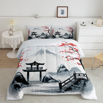 Japanese Cherry Comforter Set Queen Size 3 Piece Bedding Set