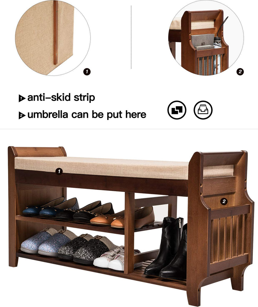 Shoe Rack Bench, Bamboo Removable Cushion Storage Shelf, 2-Tier Entryway Shoe Storage Organizer with Drawer and