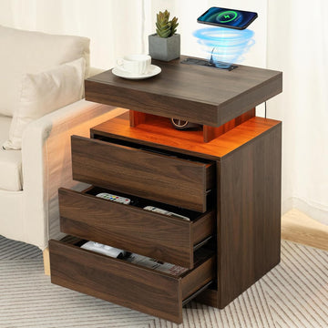 Rustic Brown Nightstand with Wireless Charging Station Walnut Wood LED Bedside Table with 3 Drawers End Table Smart