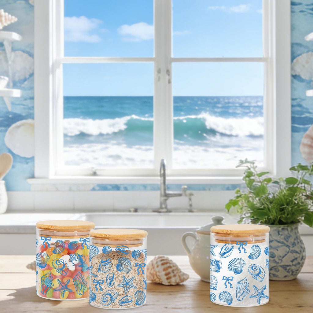 3Pcs Coastal Beach Glass Storage Jars with Airtight Lid Blue Bow Seashell Starfish Conch Decorative Clear Canisters