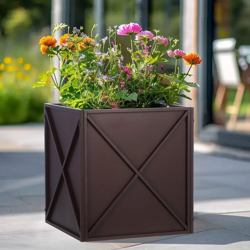 Large Metal Planter Box 17"x 17"x 18", Square Modern Brown Metal Planter Box Heavy Duty with Drainage Holes for
