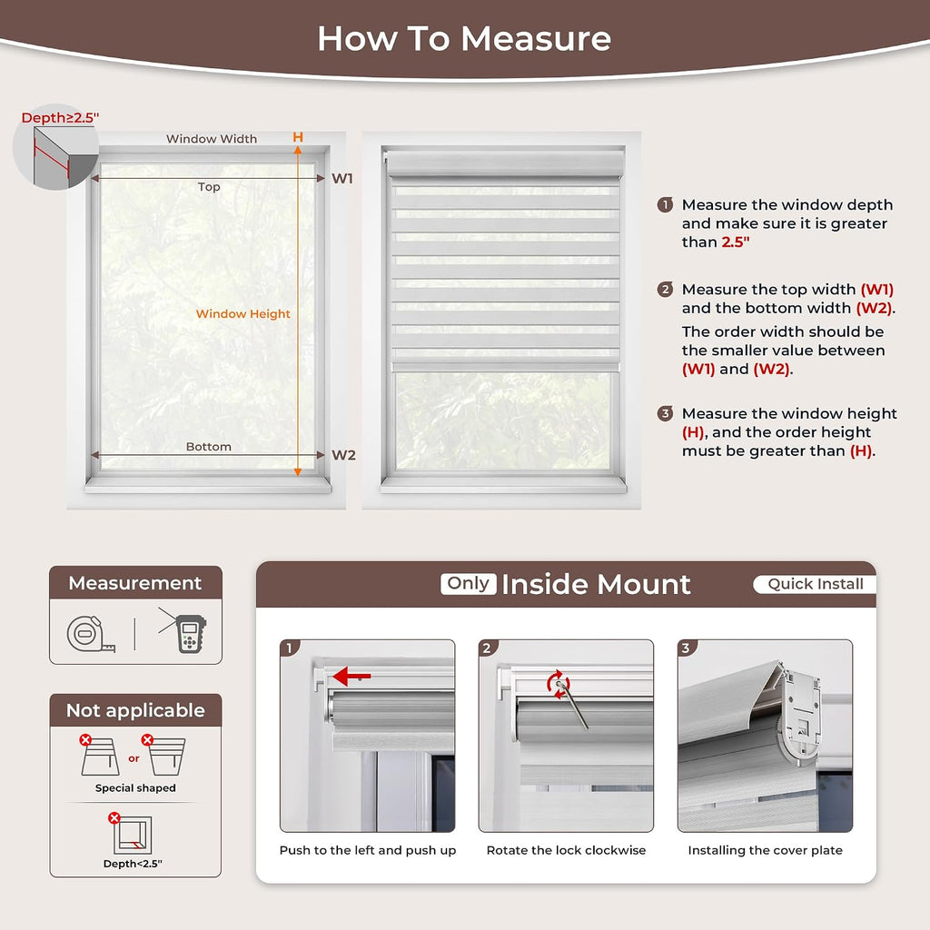 No Drill No Tools Cordless Zebra Blinds, Renter Friendly, Dual Layer Shades for Indoor Windows, Easy to Install