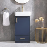 18-Inch Bathroom Vanity with Sink Set – Small Blue Cabinet with Undermount Vessel Sink, One Door and One Drawer with Gold Handles