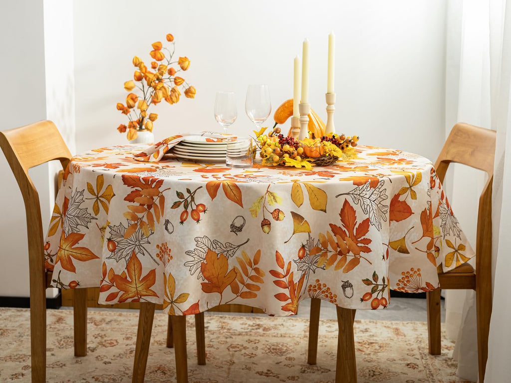Fall Thanksgiving Tabletop Collection Dining Decoration Parties Harvest, Fall Leaves, Tablecloth, 70" Round