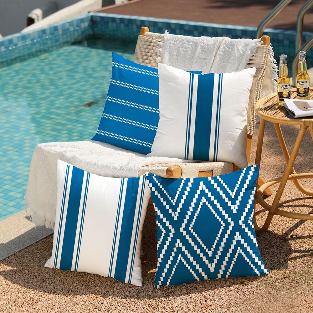 Outdoor Blue Waterproof Geometry Pillow Covers 20x20 Set of 4