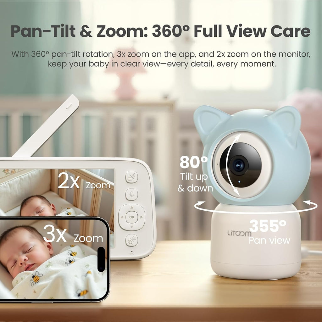 4MP Baby Monitor with Camera and Audio, inch 1080P Split-Screen, No WiFi & 5G/2.4G WiFi, Remote Pan-Tilt-Zoom