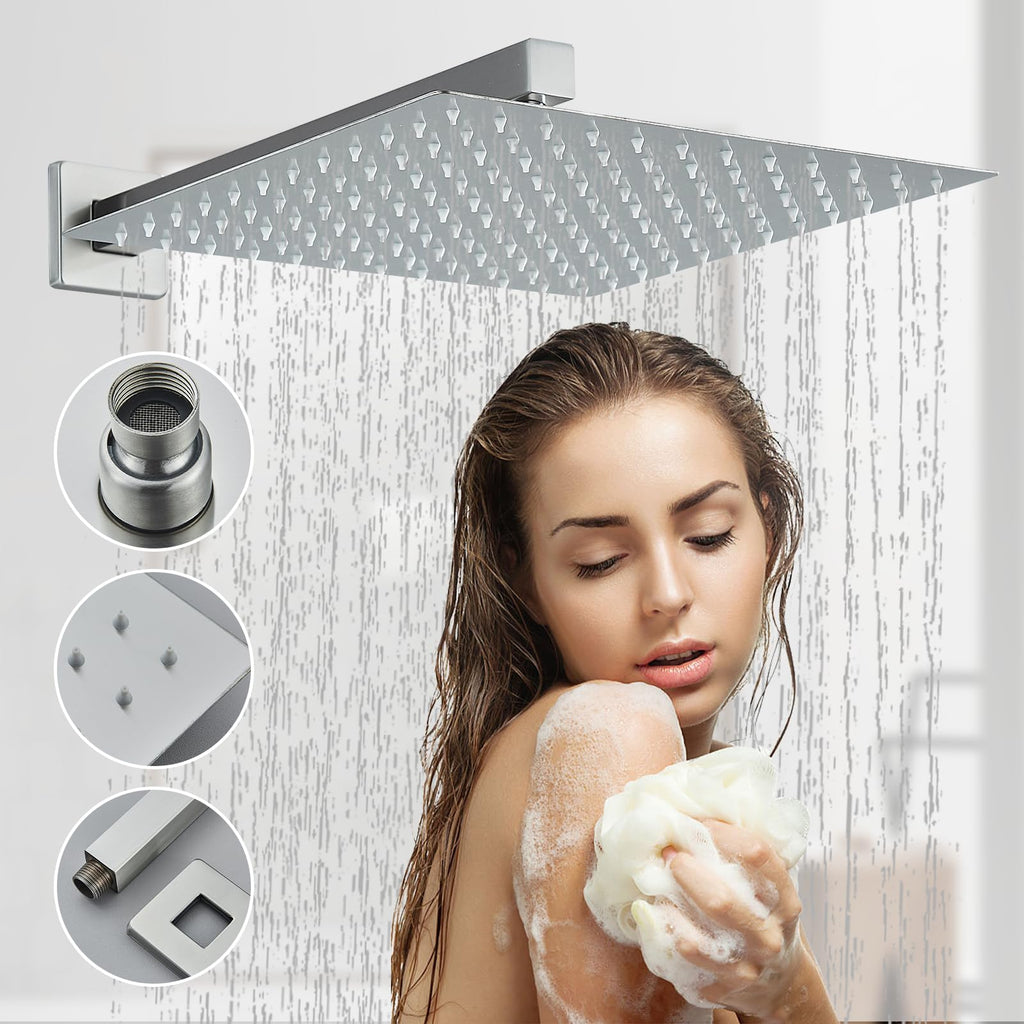 Shower Faucet Set Brushed Nickel Shower System with 12 Inches Rain Shower Head and Handheld Sprayer Wall Mounted