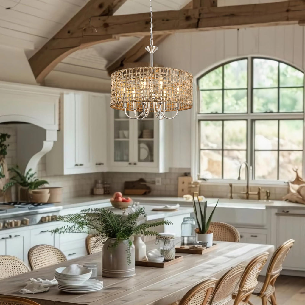 17.7" Brushed Nickel Rattan Chandelier, 6-Light Boho Wicker Light Fixture