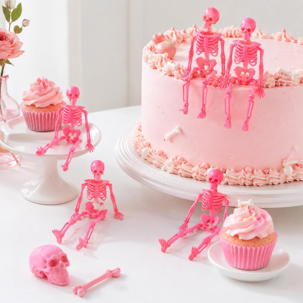 Pink Halloween Mini Skeleton, 6" Posable Skeleton Hanging Decor - Set of 24
