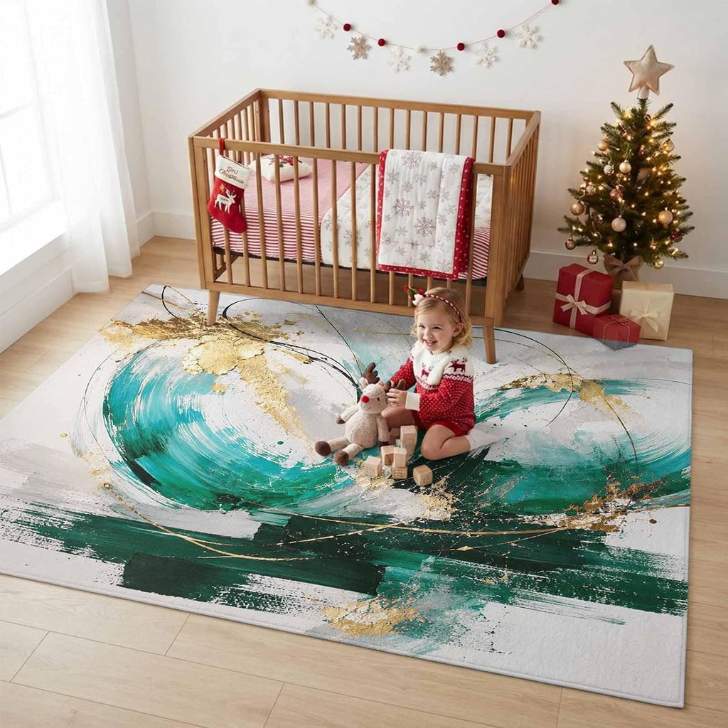 Green Gold Waves Rectangle Area Rug Modern Abstract Minimalist Art Lines Brushstroke Washable Indoor Carpet, Non‐Slip