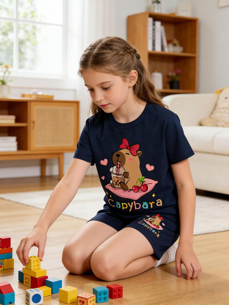 Girls Summer Clothes Cute Capybara Print & Cherry Bow Short Sleeve Shorts Set Tween Girl Outfits