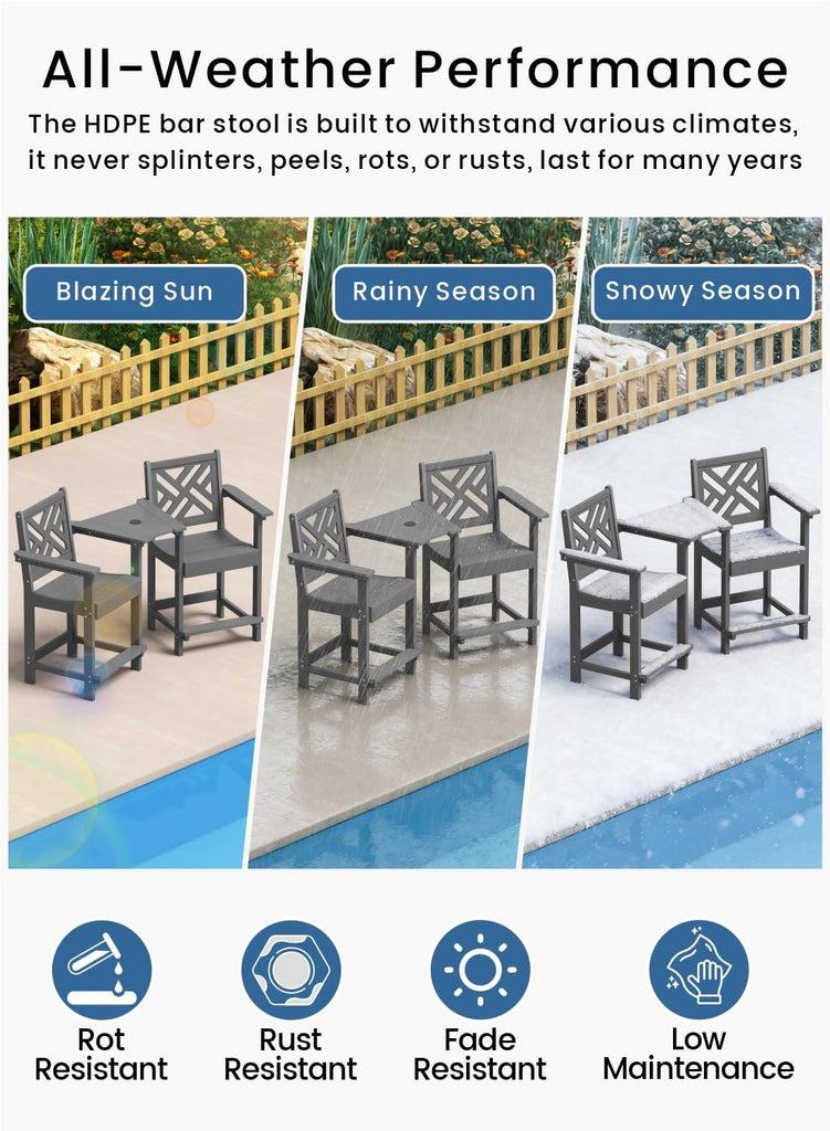 Tall Adirondack Chairs Set of 2, Outdoor 24'' Counter Height Bar Stools with Back and Arms, All-Weather HDPE Patio
