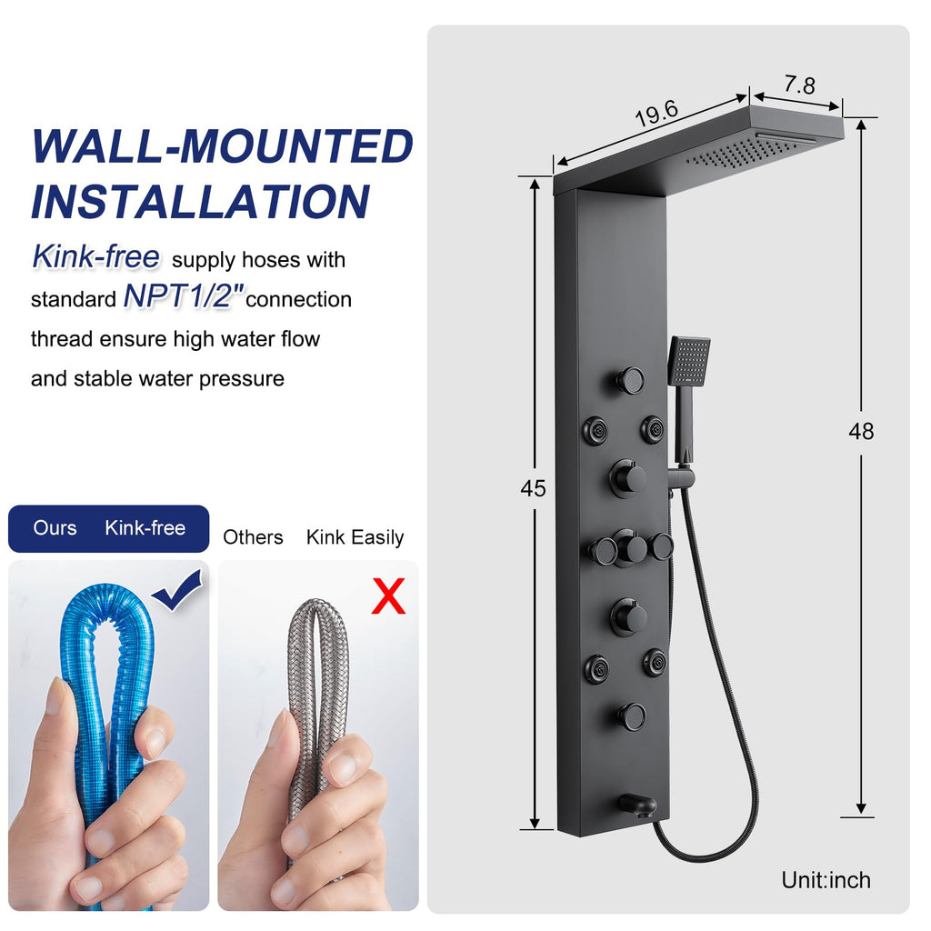 6 in 1 Rainfall Waterfall Shower Panel Tower System Matte Black