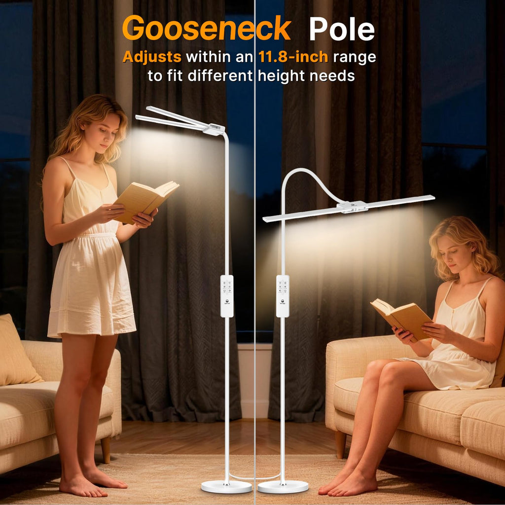 LED Floor Lamp, 18W Bright Reading Floor Lamp, Dual Head Gooseneck Standing Lamp, Smart Motion Sensor, Remote