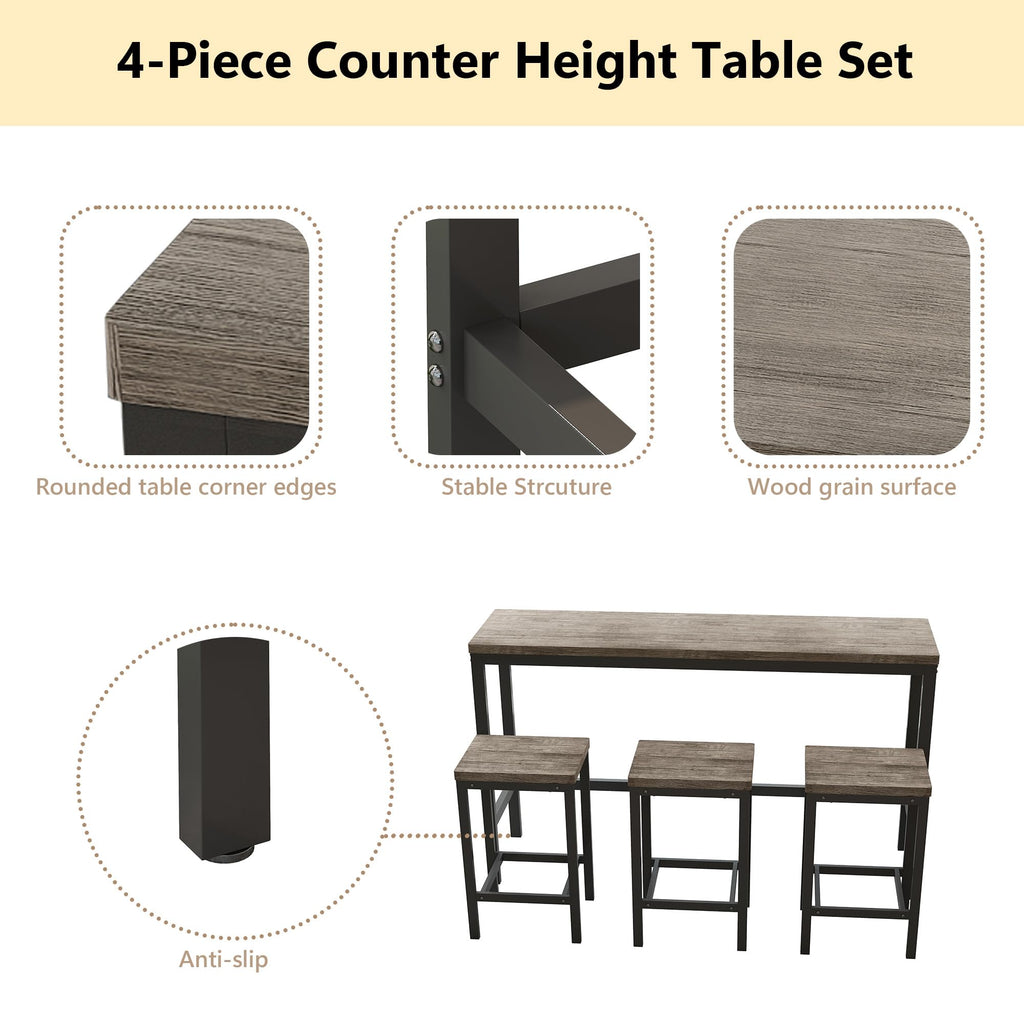 Modern Design 4-Piece Counter Height Extra Long Dining Table Set with 3 Stools and Side Table with
